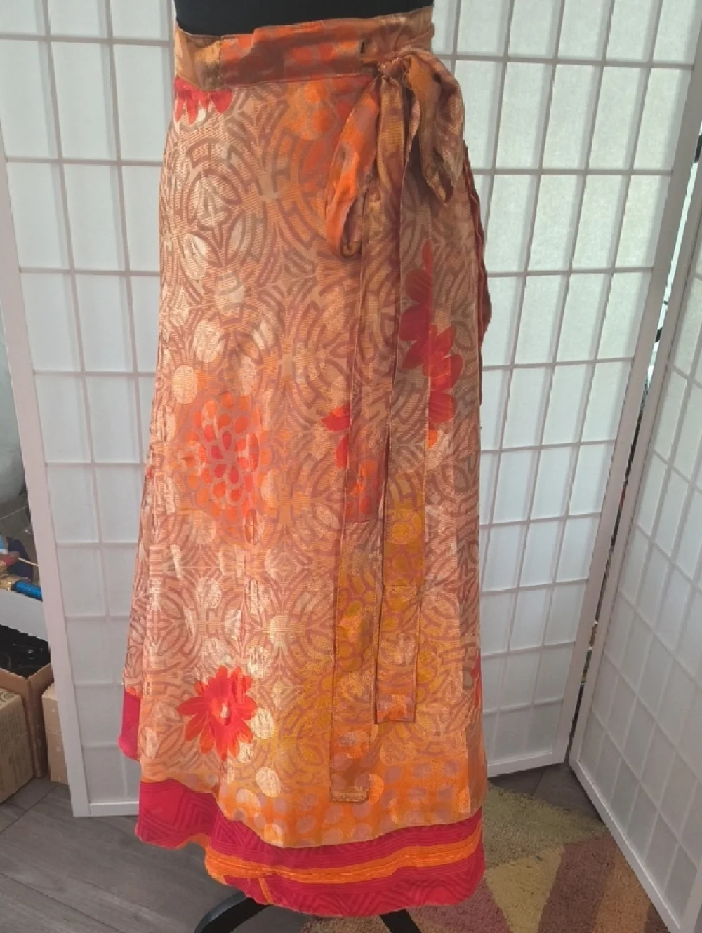 VINTAGE Silk Sari Reversible Wrap Skirt - Red & Orange - Darn Good Yarn - Picture 11 of 17